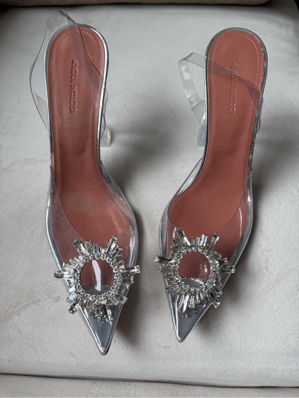Amina Muaddi Clear PVC Pointed Mule Heels with Silver Crystal Brooch